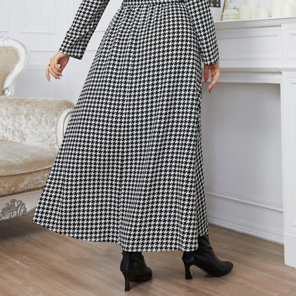 Melo Apparel Plus Size Notched Neck Houndstooth Tie Belt Maxi Dress - Picture 7 of 7